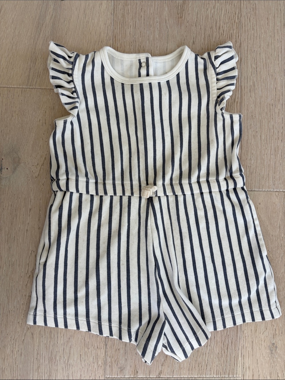 Navy Stripe Girls' Cotton Romper with Flutter Sleeves